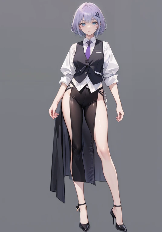 ((Perfect Face)),Purple Hair,Very Short Hair,1 female,,Black vest,Rolled up my sleevesＹshirt,tie,slit,High heels,,((Simple Background)),smile,((Full Body)),((full body)),