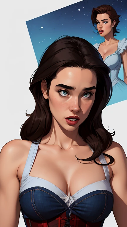 Character style illustration style Completely bare breasts showing a little fear Breast size Cartoon name: Isabella Cruz white background medium breasts freckled face Hermione Granger actress strong contours Physical description - long straight hair, tingi...