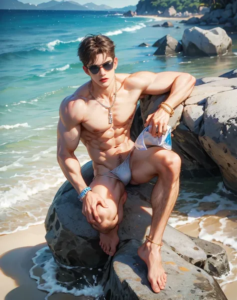 HD quality, high definition, male 18 years old handsome, muscular and slim, red lips, leaning against rock on a beach, wearing transparent thong, , model with bracelets, earrings and Necklace, wearing open summer polo, with sunglasses, fully nude and naked...