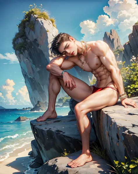 HD quality, high definition, male 18 years old handsome, muscular and slim, red lips, leaning against rock on a beach, wearing transparent thong, , model with bracelets, earrings and Necklace, wearing open summer polo, with sunglasses, fully nude and naked...