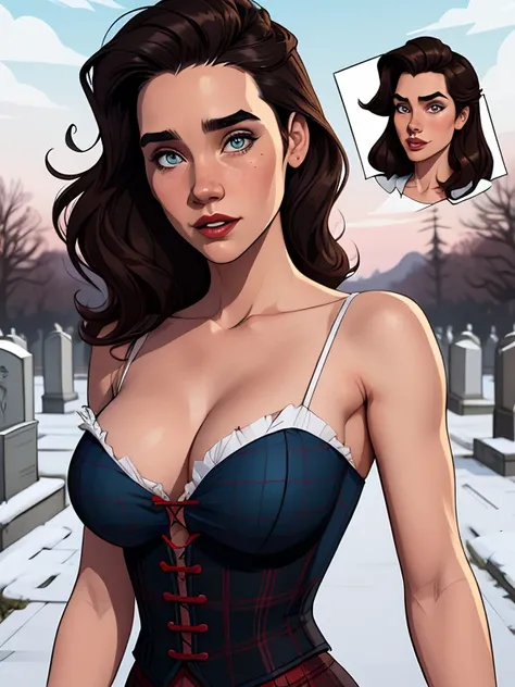 Character style illustration style Completely bare breasts showing a little fear Breast size Cartoon name: Isabella Cruz white background medium breasts freckled face Hermione Granger actress strong contours Physical description - long straight hair, tingi...