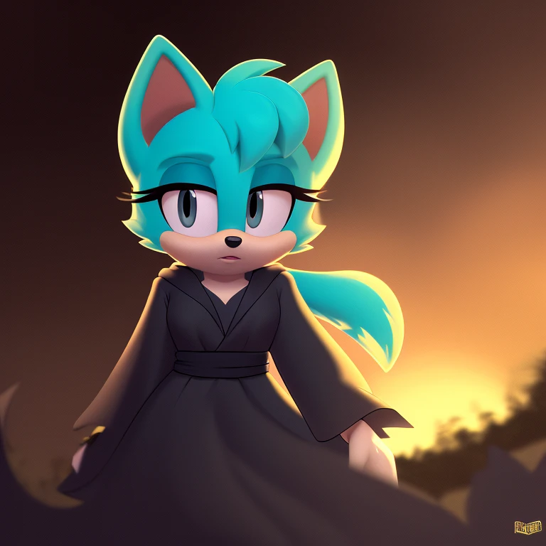 masterpiece, best quality, 4k, 8k, hyper detailed, Cat, Mobian, 1girl, turquoise fur, grey eyes, expressionless, vivid colors, vibrant lighting, dynamic lighting, high contrast, looking at viewer, from below, black robe,