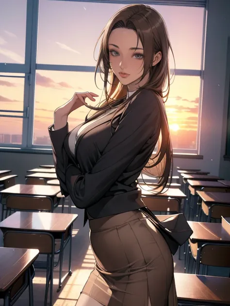 (8k,Photorealistic, masutepiece, Best Quality, Raw photo:1.3)、1woman in, 25years old,Solo,school girl, Long hair, Brown hair, Detailed beautiful face, alluring face, (Detailed beautiful brown eyes:1.2), medium breasts,(loose suit, sheer Skirt :1.35), ( Per...