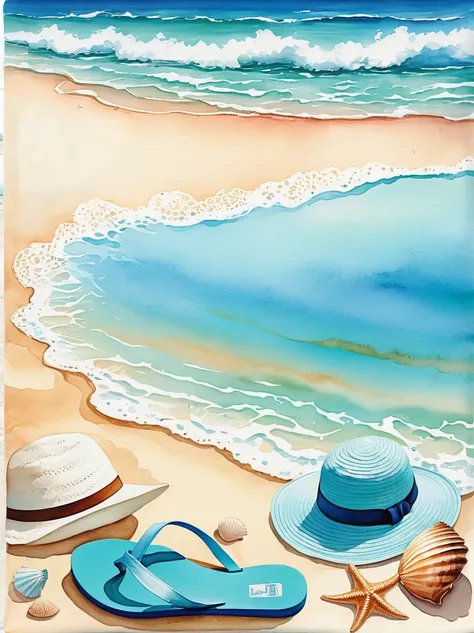 Envision a serene picturesque beach scene, captured in the soft and fluid painting style associated with watercolor artistry. In the foreground, soft golden sand is scattered with an assortment of seashells of various shapes and sizes. A beach towel, a sun...