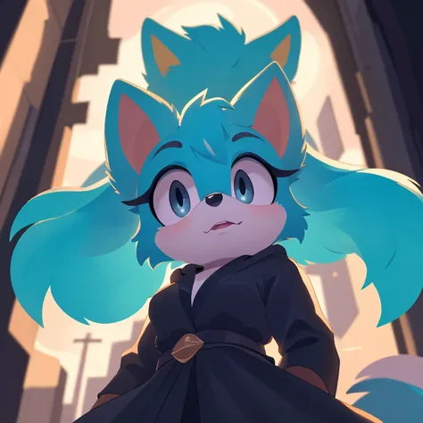 masterpiece, best quality, 4k, 8k, hyper detailed, Cat, Mobian, 1girl, turquoise fur, grey eyes, expressionless, vivid colors, vibrant lighting, dynamic lighting, high contrast, looking at viewer, from below, black robe,