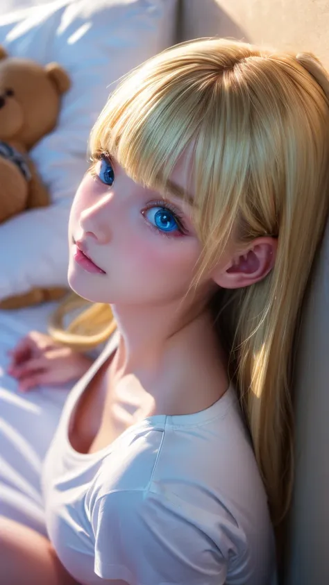 beautiful and innocent 20 year old blonde girl、beautiful shining platinum blonde hair、bangs fall on face、((wearing an open white...