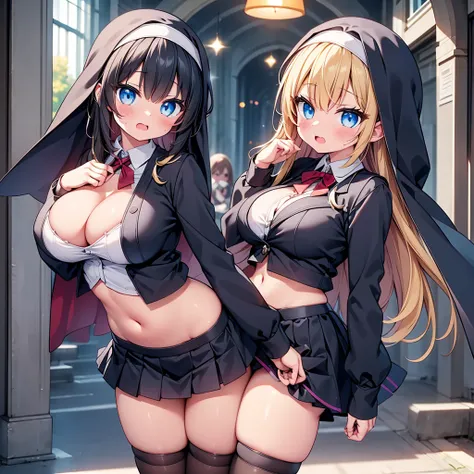 (cute eyes:1.2), (sparkling eyes:1.2), highest quality,wonderful,finely,extremely detailed CG Unity 8K wallpaper, (Stand in line:1.2), (3 girls, clothed), (nun:1.1), (midriff peek:1.2), (midium breasts), (open mouth:1.1), (long tongue:1.1), (mouth drool:1....