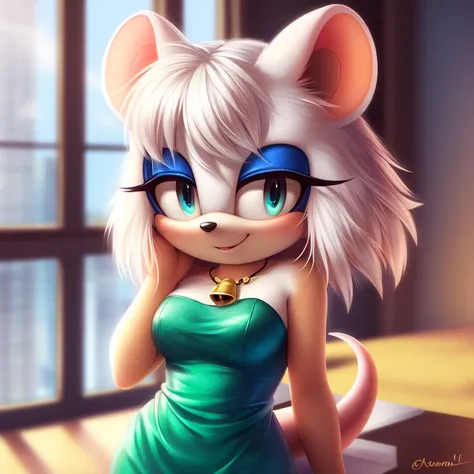 (masterpiece, soft lighting, very detailed, fine details, detailed background), 1girl, white ((mouse)), (((mobian))), blue eyes, ((fluffy white skin and fur, white short hair bangs)), medium breasts, sexy, small bell necklace, smile, pencil, dress, face sh...