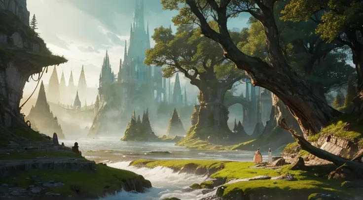 highest quality, extremely delicate and beautiful, Fantasy Landscape, Depth of written boundary, High resolution, Complex, delicate, no human presence, best possible quality, A view of the wilderness,  Elven architecture, Highlight the effects of collapse ...