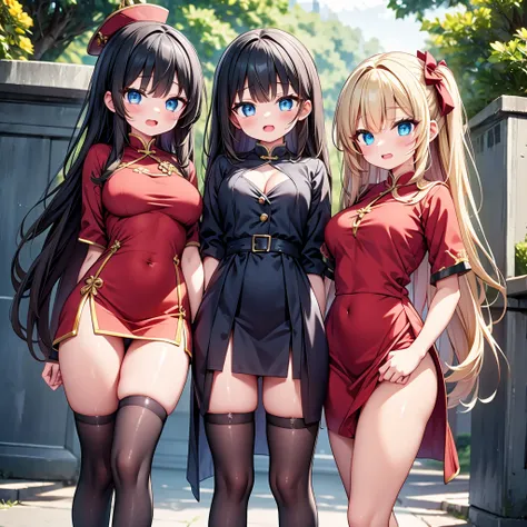 (cute eyes:1.2), (sparkling eyes:1.2), highest quality,wonderful,finely,extremely detailed CG Unity 8K wallpaper, (Stand in line:1.2), (3 girls, clothed), (red china dress:1.2), (Underboob:1.1), (open mouth:1.1), (long tongue:1.1), (mouth drool:1.1), (blac...