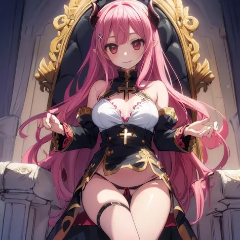 Absurd, High resolution, (Anime Style:1.1), ((Tabletop)), ((highest quality)), (Very detailed), (beautiful), solo, beautiful face、(lift),(A girl sitting cross-legged on the throne of a detailed demon castle:1.4),Wind,pink colorful hair, Beautiful red eyes,...