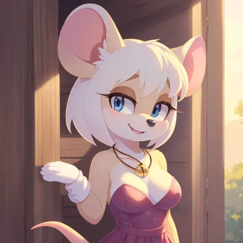 (masterpiece, soft lighting, very detailed, fine details, detailed background), 1girl, white ((mouse)), (((mobian))), blue eyes, ((fluffy white skin and fur, white short hair bangs)), medium breasts, sexy, small bell necklace, smile, pencil, dress, face sh...