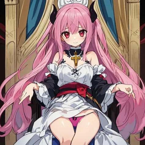 Absurd, High resolution, (Anime Style:1.1), ((Tabletop)), ((highest quality)), (Very detailed), (beautiful), solo, beautiful face、(lift),(A girl sitting cross-legged on the throne of a detailed demon castle:1.4),Wind,pink colorful hair, Beautiful red eyes,...