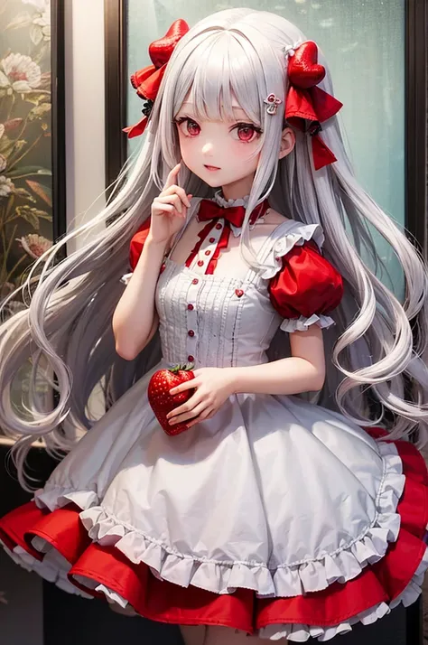 Silver Hair　Wavy Long Hair　Strawberry hair ornament　Red Eyes　White frilly one-piece　Girl　