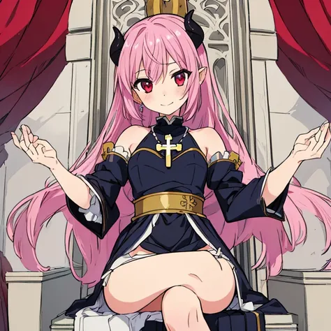 Absurd, High resolution, (Anime Style:1.1), ((Tabletop)), ((highest quality)), (Very detailed), (beautiful), solo, beautiful face、(lift),(A girl sitting cross-legged on the throne of a detailed demon castle:1.4),Wind,pink colorful hair, Beautiful red eyes,...