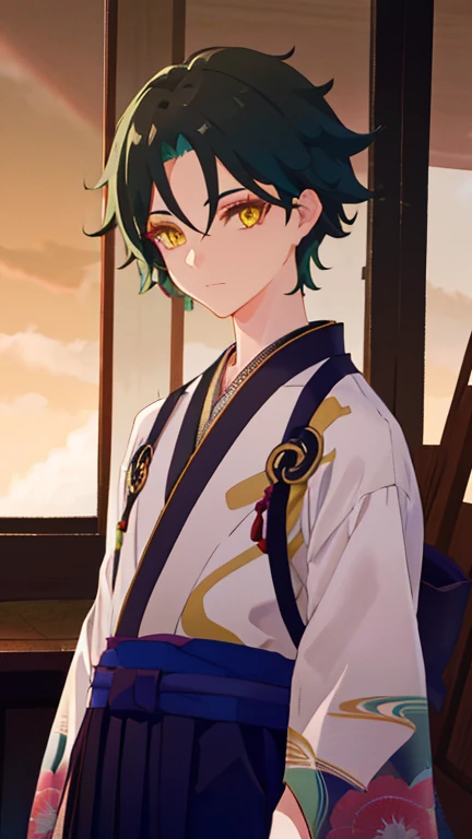 1 boy,dark green hair,highest quality,masterpiece,excessive,male focus,yellow eyes,beautiful eyes,beautiful boy,Family crested Hakama,Japan Kimono,kimono,Hakama,