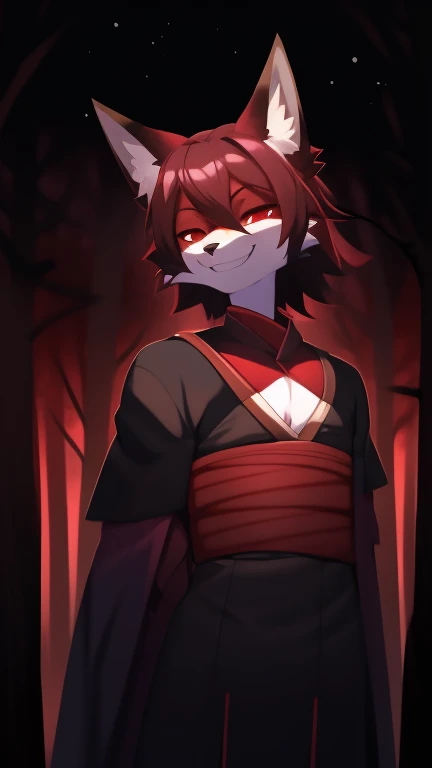 Best quality, super detailed illustration, purple and dark tones, grin, dark aura, black and red, Two tons, Dark shade, red tint, high contrast, dark lighting, offering a deal, Ideal lighting, (Fluffy fox boy:1.4),  red and black colors, feminine face and ...