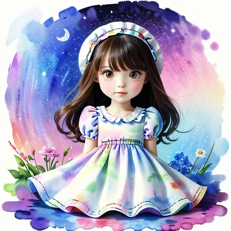 plushieStyle, best quality, masterpiece, high res, absurd res, solo, 1girl, looking at viewer, bottom eyes, dress, stitching, sewing, looking at viewer, simple background, watercolour painting, painting