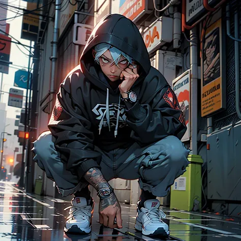 a man in a hoodie crouches down in the rain, clayton crain, spider - verse art style, dark blue leather armor, leon tukker, real trending on instagram image, nypd, inspired by Sebastian Spreng, spider webs, stunningly detailed, black energy, by François Qu...