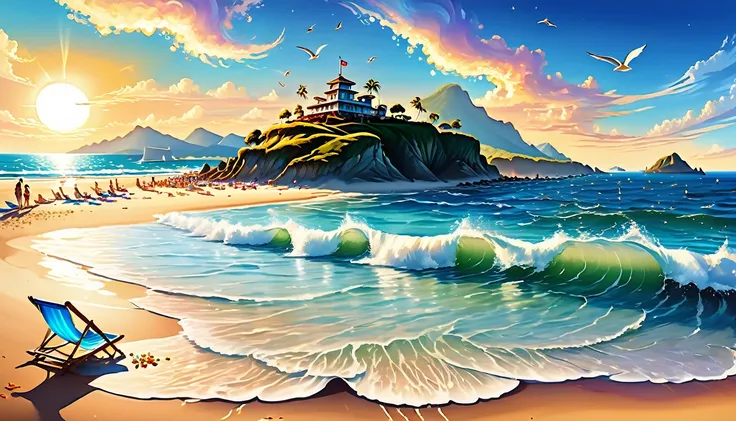 best quality,highres,(realistic:1.37),blue coast,ocean waves,serene beach,sandy shore,clear sky,sunlight sparkling on water,seagulls flying,faraway horizon,seashells scattered on sand,footprints leading to the water,gentle breeze,crashing waves,sun umbrell...