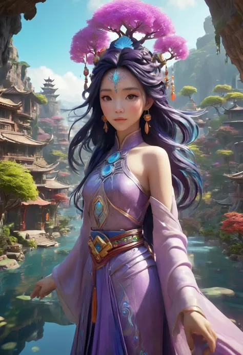 avatar village，《Avatar》in Katara, Maya 8K, Asian Woman Water Elemental, Fantasy style 8k octane rendering,，avatar village，Cinematic sceneagicle world. purple and blue colored，Colorful, Fairy Kingdom Forest, Bustling magic town, magical village, Fantasy Tow...