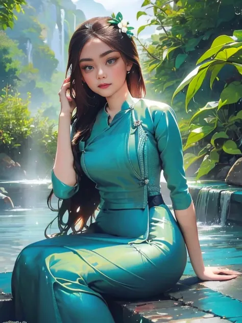 woman in a green dress sitting in a body of water, gorgeous woman, very beautiful top model, gorgeous lady, closeup fantasy with water magic, stunning elegant pose, pale tunic, flowing dress, cute woman, beautiful female model, beautiful goddess, summer se...