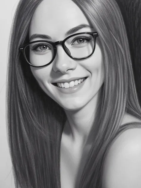 Drawing with charcoal pencil, woman with straight hair, wearing round glasses, light hair, black and white drawing, wide smile, detailed realistic drawing, 4k, beautiful face