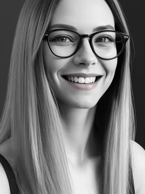 Drawing with charcoal pencil, woman with straight hair, wearing round glasses, light hair, black and white drawing, wide smile, detailed realistic drawing, 4k, beautiful face