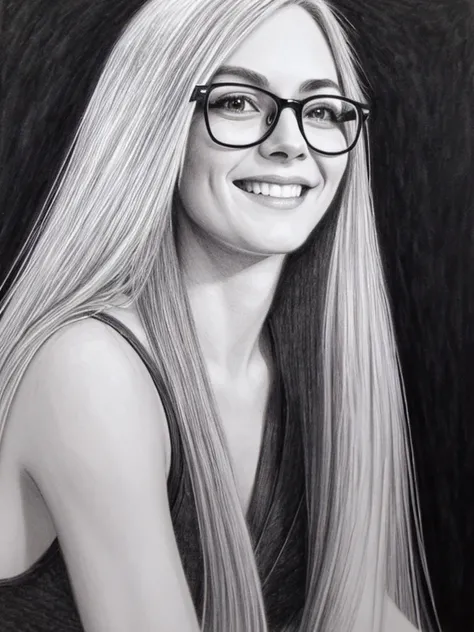 Drawing with charcoal pencil, woman with straight hair, wearing round glasses, light hair, black and white drawing, wide smile, detailed realistic drawing, 4k, beautiful face