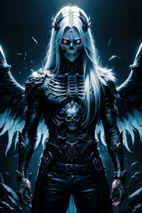 (best quality:1.2, highres), (masterpiece:1.3, ultra-detailed), (sharp focus, vivid colors), realistic, Unity wallpaper 10, absurd, skeleton, 1 handsome man, (long straight hair, long and handsome), heterochromia, white hair, black hair, angel, demons, whi...