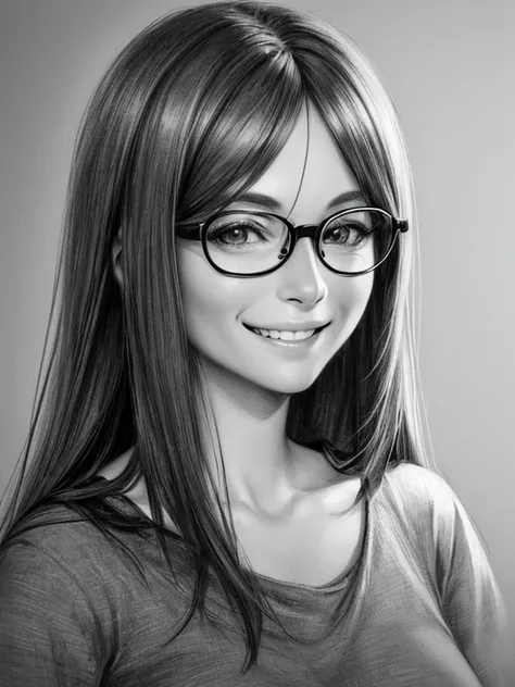 Drawing with charcoal pencil, woman with straight hair, wearing round glasses, light hair, black and white drawing, wide smile, detailed realistic drawing, 4k, beautiful face