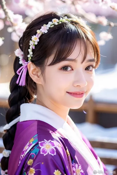 Bright purple Japanese kimono , Big eyes, A masterpiece, an absolute beauty, 1 female, close. close, Healing Smile, Snow Scene, 4K quality, Twisted braid, princess hair style princess cut, simple hair accessories, Plum blossom, people々Once you see it, you ...