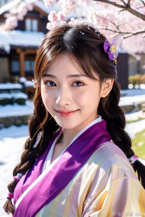 Bright purple Japanese kimono , Big eyes, A masterpiece, an absolute beauty, 1 female, close. close, Healing Smile, Snow Scene, 4K quality, Twisted braid, princess hair style princess cut, simple hair accessories, Plum blossom, people々Once you see it, you ...