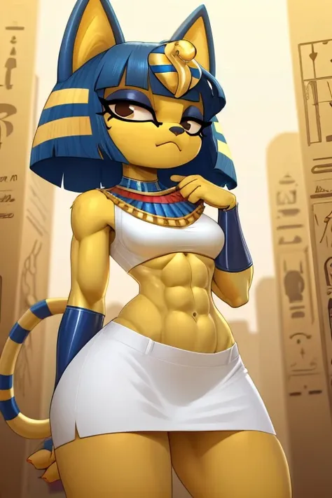 ((best quality)), ((masterpiece)), (detailed), perfect face, a digital artwork of Ankha with abs wearing a crop top of her white  sleeveless  dress outfit with a bare midriff and a bare navel, Egyptian setting, smug face, 