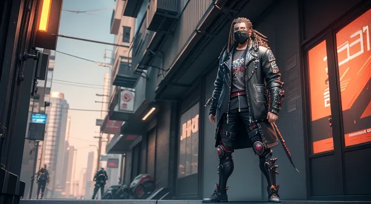 Best quality, 4k,3D, Unreal Engine, Momotaro, Cyberpunk, Male character, Sword, Long Hair, Dreadlock, Oni mask, Half zipper jacket, Cyberpunk Clothes, Full body, Robot legs