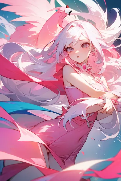 (最高masterpiece、masterpiece、highest quality) 、Long white hair、Pink Dress、Adult female、sexy、emphasis on vibrant colors、Powerful details、Flamingo、Colorful、Sharp