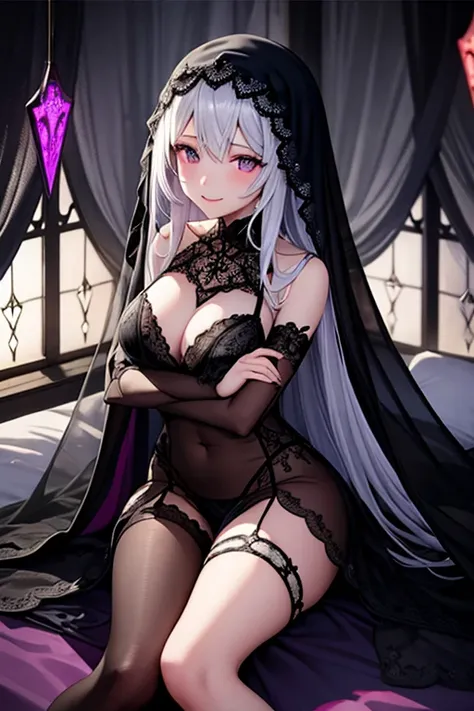 negligee、female、adult、older sister、Elegant patterned veil、gloves、Garter Sockysteriouysterious、Alluring、lure、kind、cold、memory、dream、Prophecy、dark、Dark Night、Holding Tarot Cards、Stained glass、On the bed、smile、play with