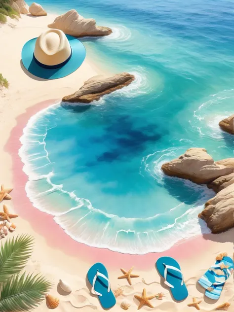 Imagine a peaceful and picturesque beach scene，Captured in the soft, flowing style associated with watercolor art。In the foreground，The soft golden sand is scattered with shells of various shapes and sizes。A beach towel、A sun hat and a pair of flip-flops，L...