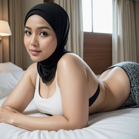 36 years Old, Hijab Indonesian mature woman, Droopiest Gigantic Mature  : 66.9, Tank Top, curvy body, at Hotel room, High light, at daytime, MP, Canon EOS250D, 300 dpi f2. Laying on the bed