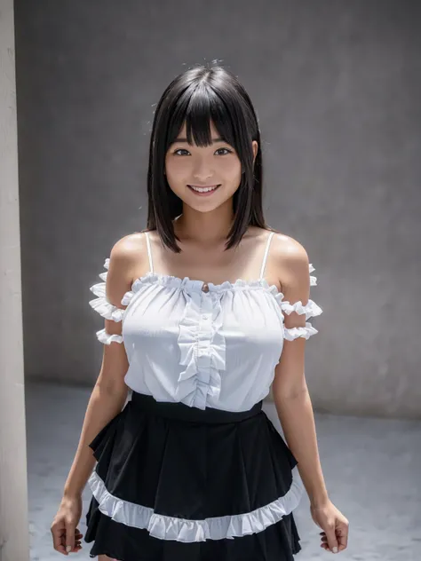 (high resolution:1.5),(8K:1.5),(High resolution:1.5),(masterpiece:1.5),(Young face),(10 year old Japanese girl),One ,Looking at this,smile,Showing beautiful teeth,(Big Breasts),(A frilly shirt that reveals the shape of your breasts),Black frilly mini skirt...