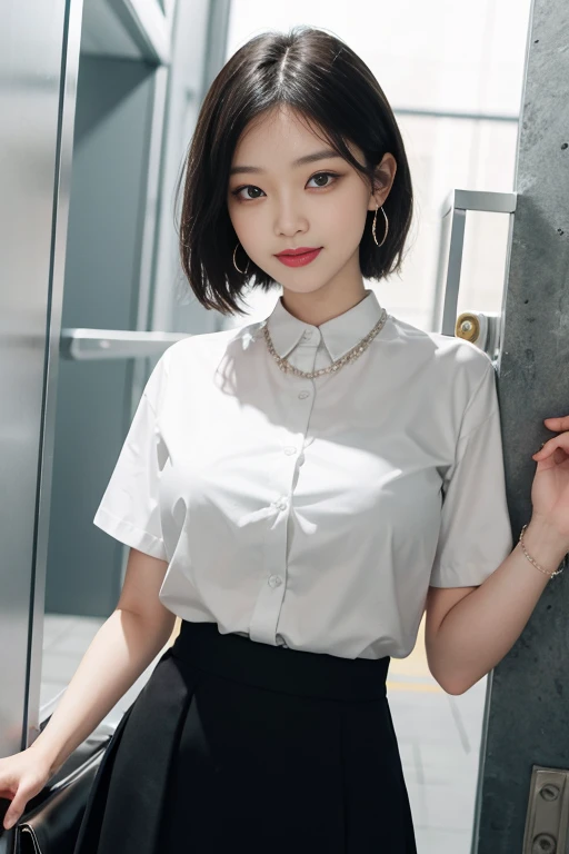 8k RAW photo, High resolution, 14 years old Korean, Very big round breasts, ribbon, Formal Shirt, Formal Skirt, Very thin mouth, Duck mouth, Grin,, intimidating pose, Beautiful eyes in every detail, Long eyelashes, Beautiful double eyelids, eye shadow, Lon...