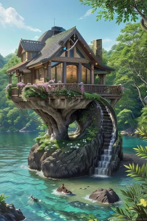 (best quality,4k,8k,highres,masterpiece:1.2),ultra-detailed,(realistic,photorealistic,photo-realistic:1.37),tree house,coolest,large rock,middle of the sea,flowers,trees,both sides,house,perfection,fragrant flowers,gentle breeze,natural beauty,detailed ren...