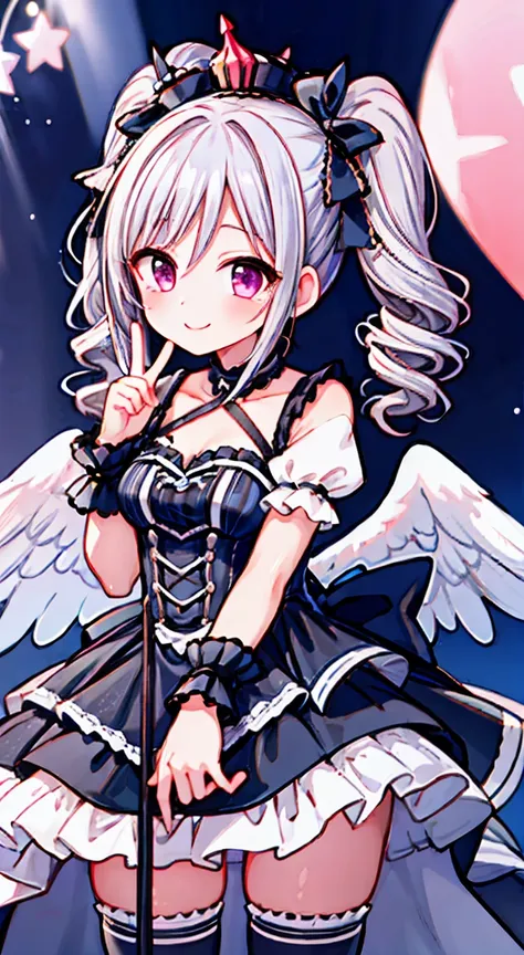 high quality,superior,angelic,radiant,charming,kawaii,radiant smile,peace fingers,idol,idol stage,gothic costume,2 girls,ranko k...