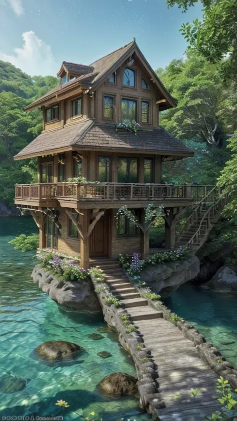 (best quality,4k,8k,highres,masterpiece:1.2),ultra-detailed,(realistic,photorealistic,photo-realistic:1.37),tree house,coolest,large rock,middle of the sea,flowers,trees,both sides,house,perfection,fragrant flowers,gentle breeze,natural beauty,detailed ren...