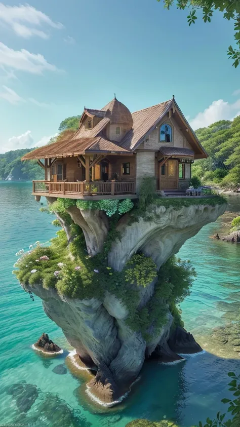 (best quality,4k,8k,highres,masterpiece:1.2),ultra-detailed,(realistic,photorealistic,photo-realistic:1.37),tree house,coolest,large rock,middle of the sea,flowers,trees,both sides,house,perfection,fragrant flowers,gentle breeze,natural beauty,detailed ren...