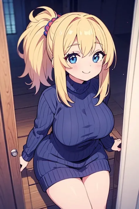 Naughty woman , Wearing a sweater, anime, anime movie, Twinkle smile, pale blue eyes, Blonde ponytail、plump breasts、slender、Looking up