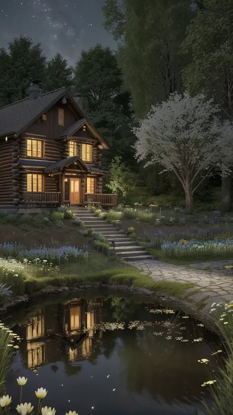 Countryside at night，Winding cobblestone roads（1.4），The roadside is overgrown with flowers（1.2）。There is a log cabin in the distance，The lights inside the house shine through the windows in the pond behind the house。Fireflies land on flowers。（Complex desig...