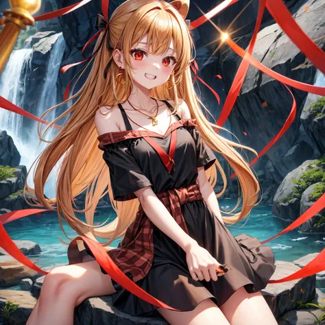 Brown, red, gold, golden hair、Red eyes、One good looking girl、solo、anime、Checkered mini skirt、Black camisole、Black T-shirt、hoodie、Wearing a ribbon、Ribbon on waist、Crystal Earrings、Gemstone Necklace、Light and shadow、Tilting face、Teeth are visible、waterfall、K...