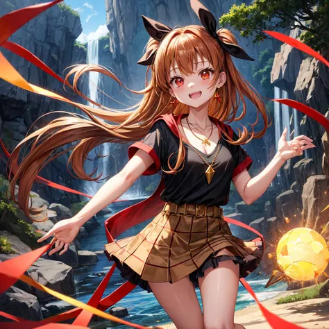 Brown, red, gold, golden hair、Red eyes、One good looking girl、solo、anime、Checkered mini skirt、Black camisole、Black T-shirt、hoodie、Wearing a ribbon、Ribbon on waist、Crystal Earrings、Gemstone Necklace、Light and shadow、Tilting face、Teeth are visible、waterfall、K...