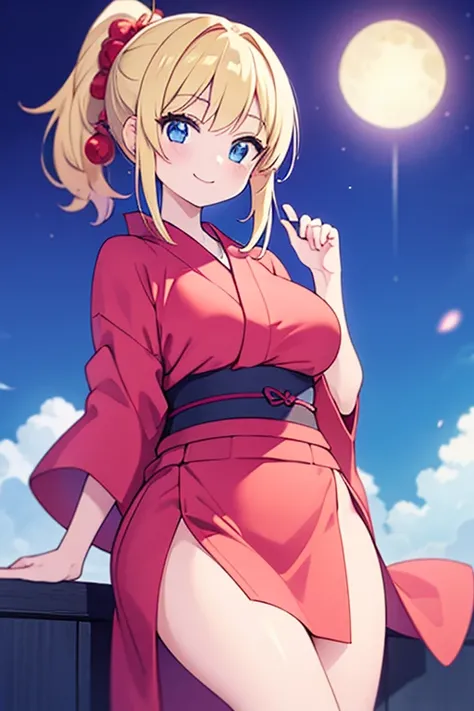 Naughty woman ,Wearing a yukata、anime, anime movie, Twinkle smile, pale blue eyes, Blonde ponytail、plump breasts、slender、